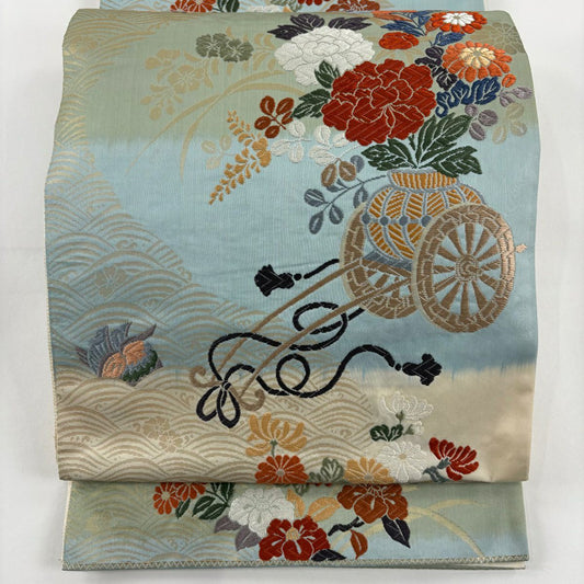 【庫存清倉】 袋帶 優品級 關西仕立 花車 花鳥 唐織 金金箔 艾草色 六通 純蠶絲