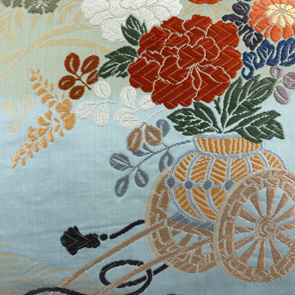 【庫存清倉】 袋帶 優品級 關西仕立 花車 花鳥 唐織 金金箔 艾草色 六通 純蠶絲