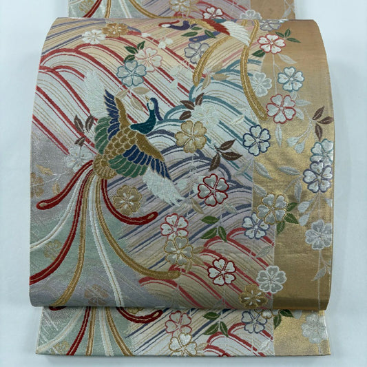 【庫存清倉】 袋帶 美品 秀品級 尾長鳥 垂枝櫻 金絲 金金箔 粉米色 六通 純蠶絲