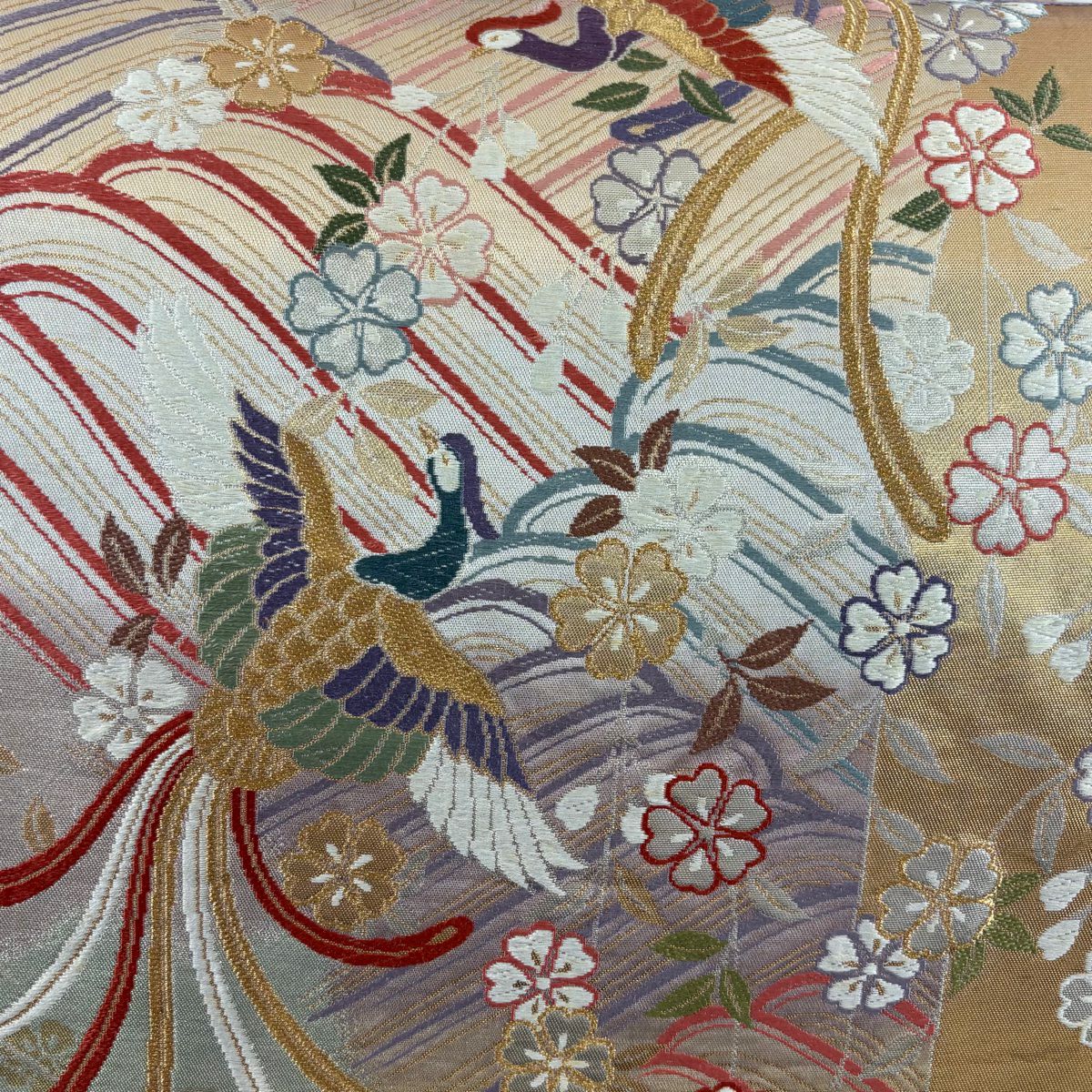 【庫存清倉】 袋帶 美品 秀品級 尾長鳥 垂枝櫻 金絲 金金箔 粉米色 六通 純蠶絲