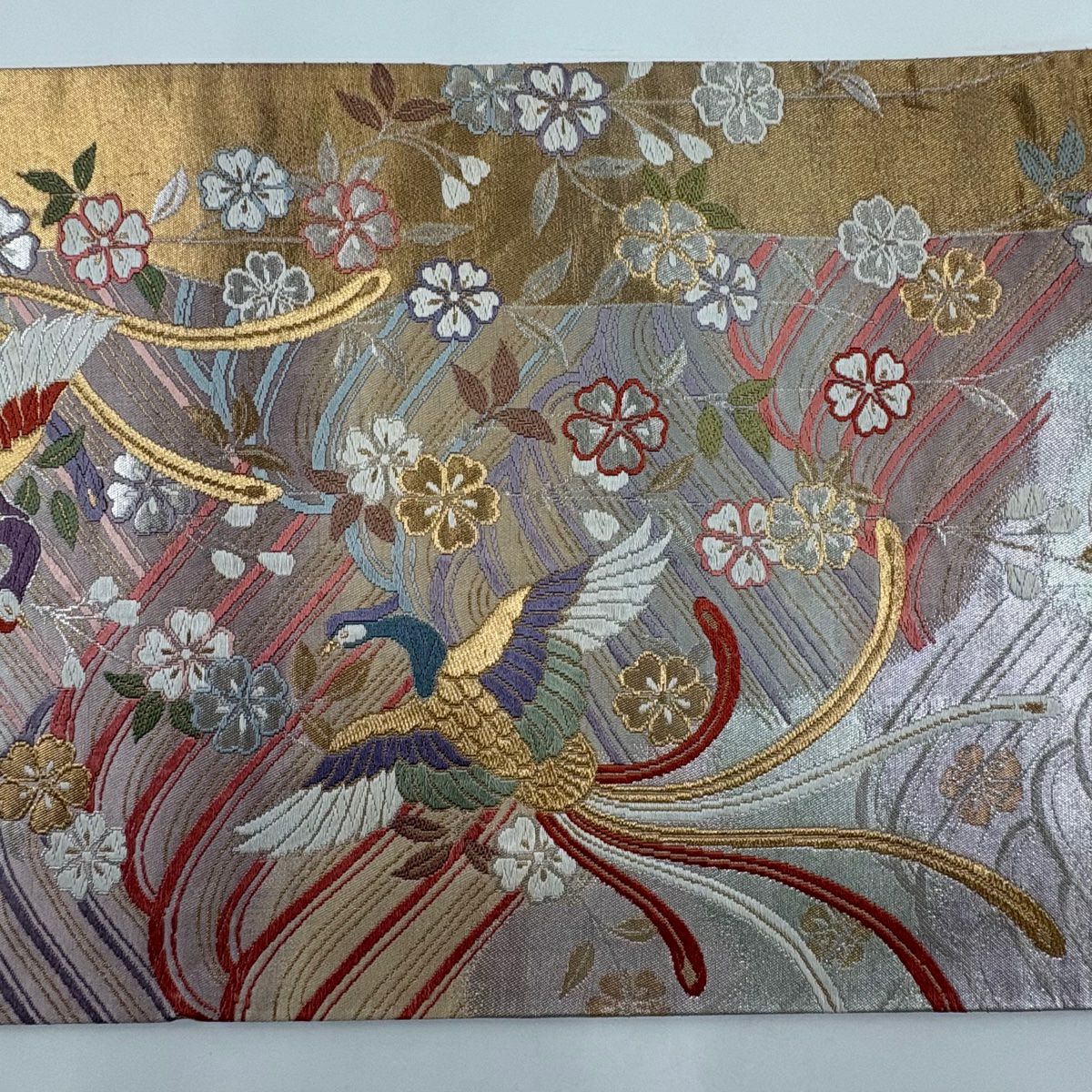 【庫存清倉】 袋帶 美品 秀品級 尾長鳥 垂枝櫻 金絲 金金箔 粉米色 六通 純蠶絲