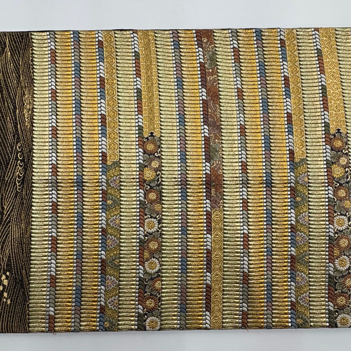【庫存清倉】 袋帶 美品 秀品級 菊花花 縞紋 金銀線 金金箔 金色 六通 純蠶絲