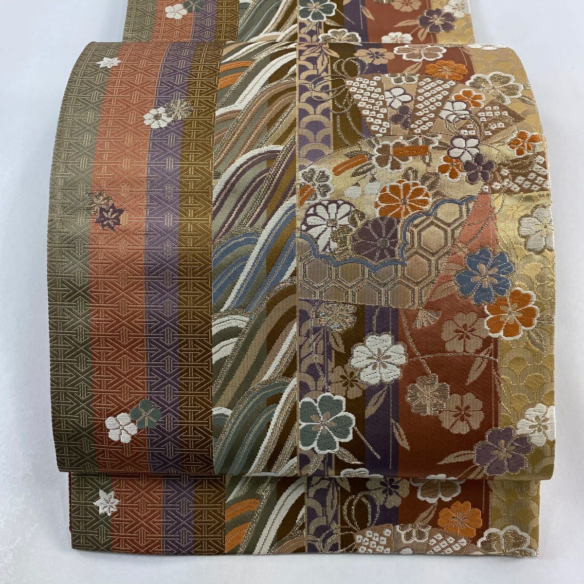 【庫存清倉】 袋帶 美品 秀品級 垂枝櫻扇子 唐織 金金箔 山吹茶 六通 純蠶絲