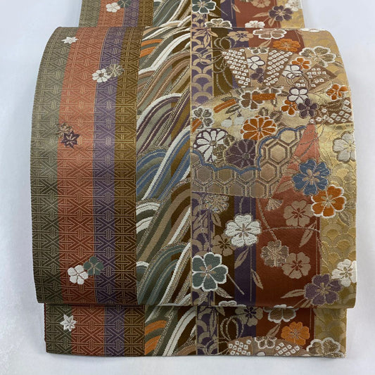 【庫存清倉】 袋帶 美品 秀品級 垂枝櫻扇子 唐織 金金箔 山吹茶 六通 純蠶絲