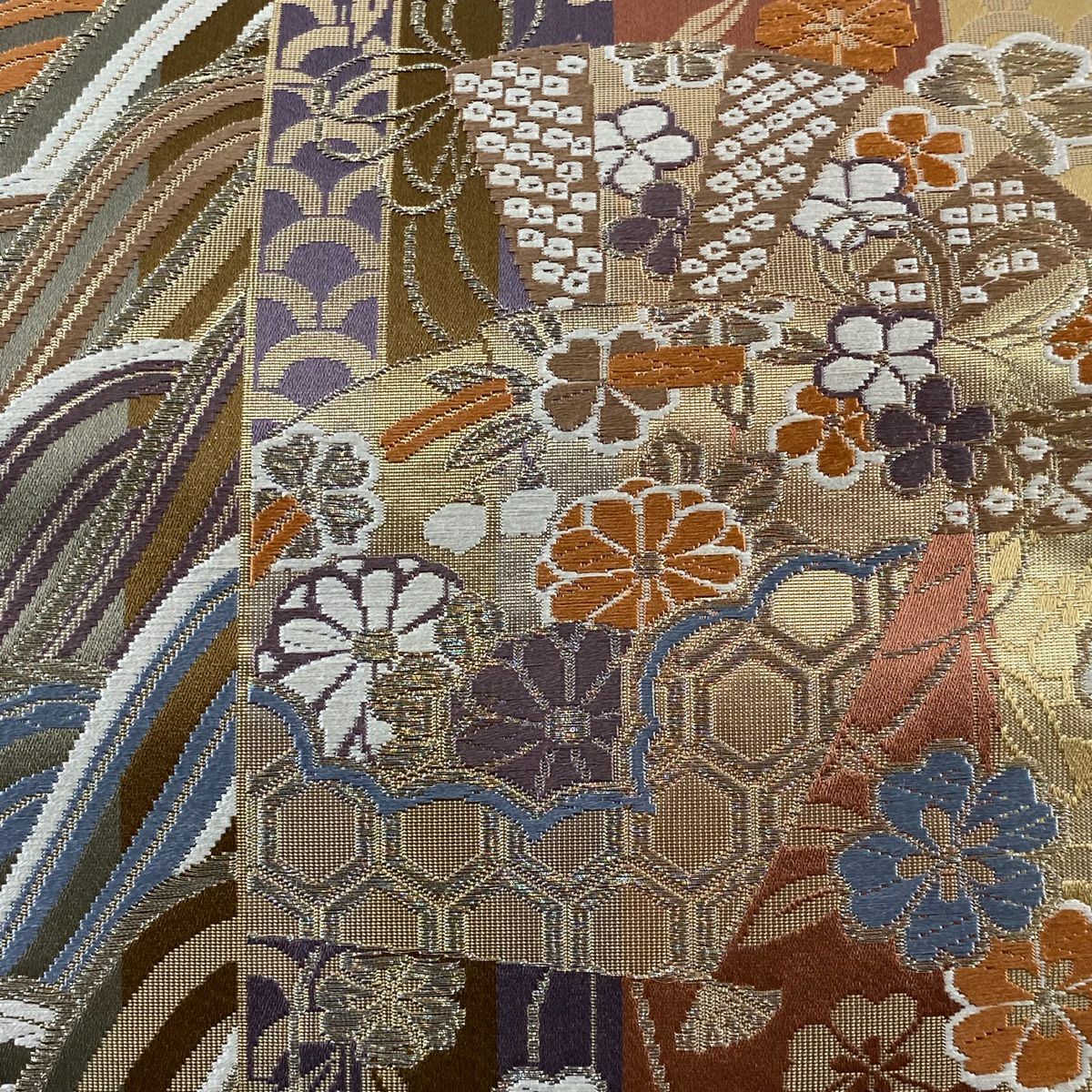 【庫存清倉】 袋帶 美品 秀品級 垂枝櫻扇子 唐織 金金箔 山吹茶 六通 純蠶絲