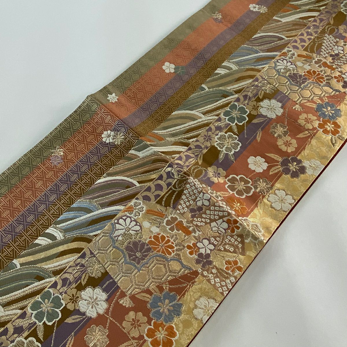 【庫存清倉】 袋帶 美品 秀品級 垂枝櫻扇子 唐織 金金箔 山吹茶 六通 純蠶絲