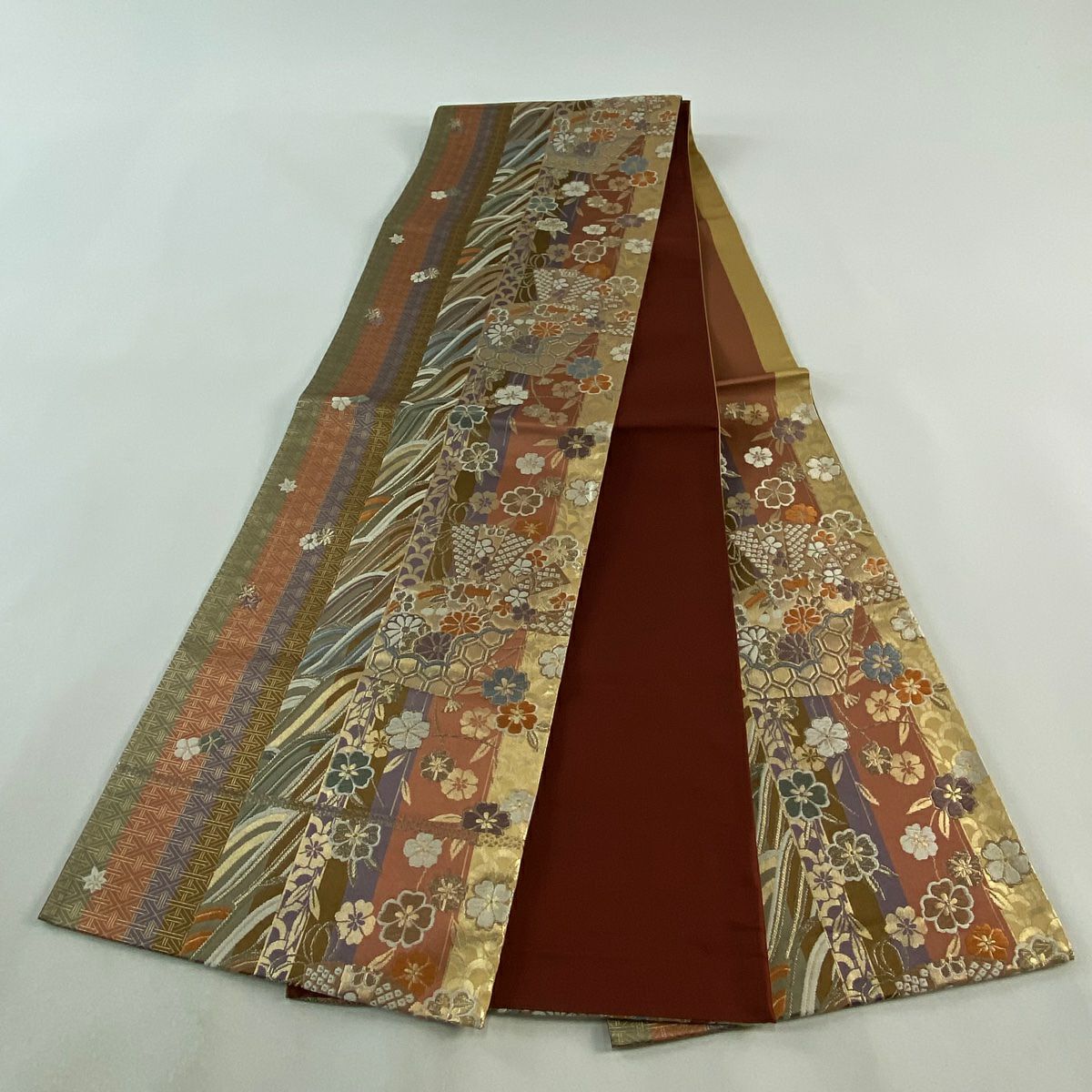 【庫存清倉】 袋帶 美品 秀品級 垂枝櫻扇子 唐織 金金箔 山吹茶 六通 純蠶絲