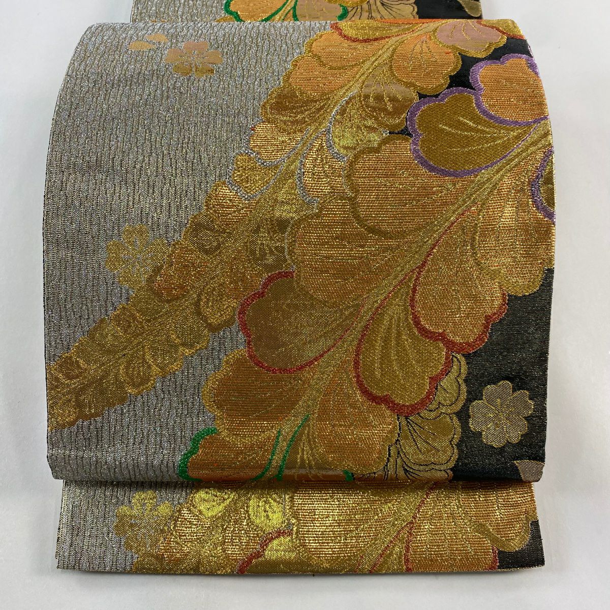 【庫存清倉】 袋帶 美品 秀品級 葉 櫻花 金金箔 金絲 金色 六通 純蠶絲