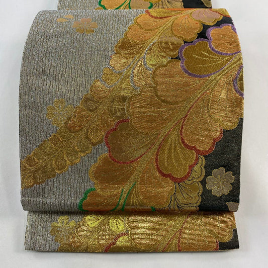 【庫存清倉】 袋帶 美品 秀品級 葉 櫻花 金金箔 金絲 金色 六通 純蠶絲