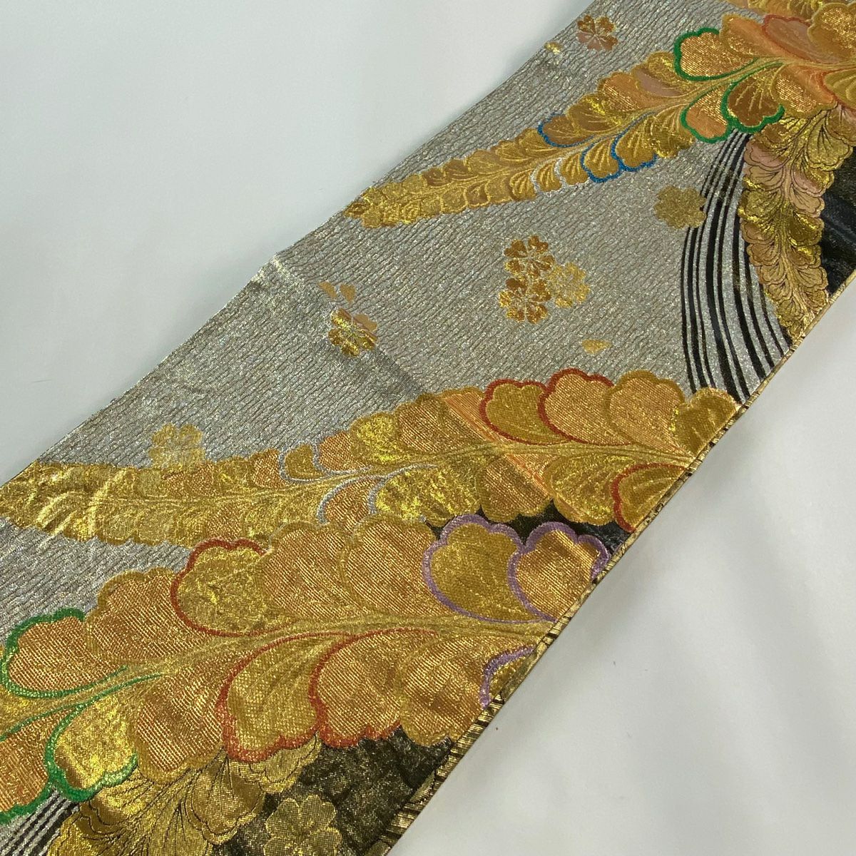 【庫存清倉】 袋帶 美品 秀品級 葉 櫻花 金金箔 金絲 金色 六通 純蠶絲