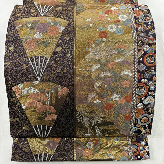【庫存清倉】 袋帶 美品 秀品級 花扇子 草花紋紋 金金箔 金線 金 六通 純蠶絲