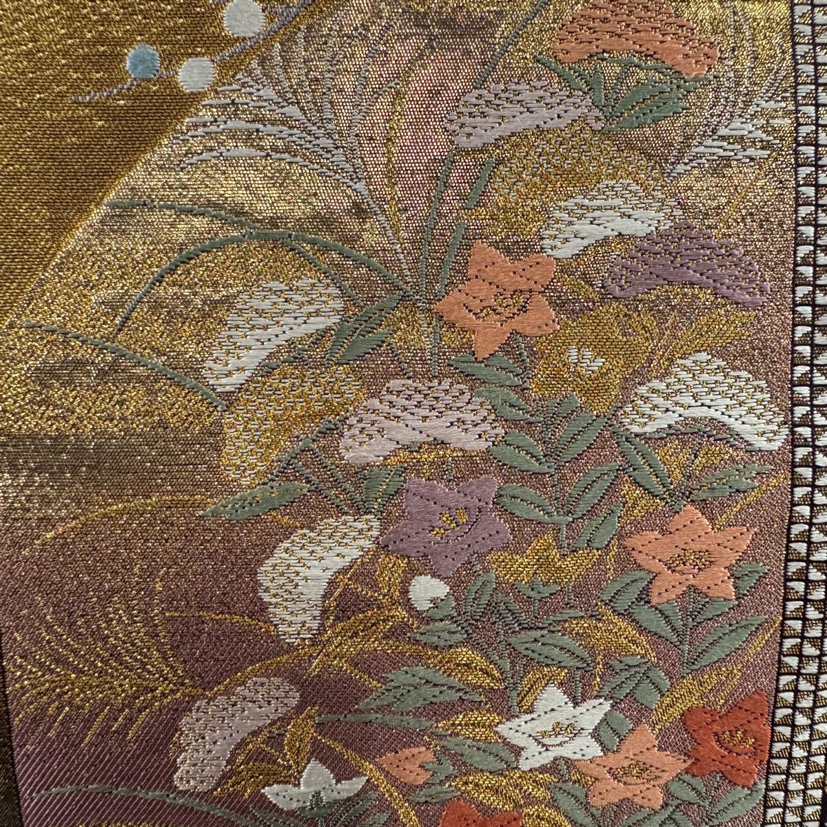 【庫存清倉】 袋帶 美品 秀品級 花扇子 草花紋紋 金金箔 金線 金 六通 純蠶絲