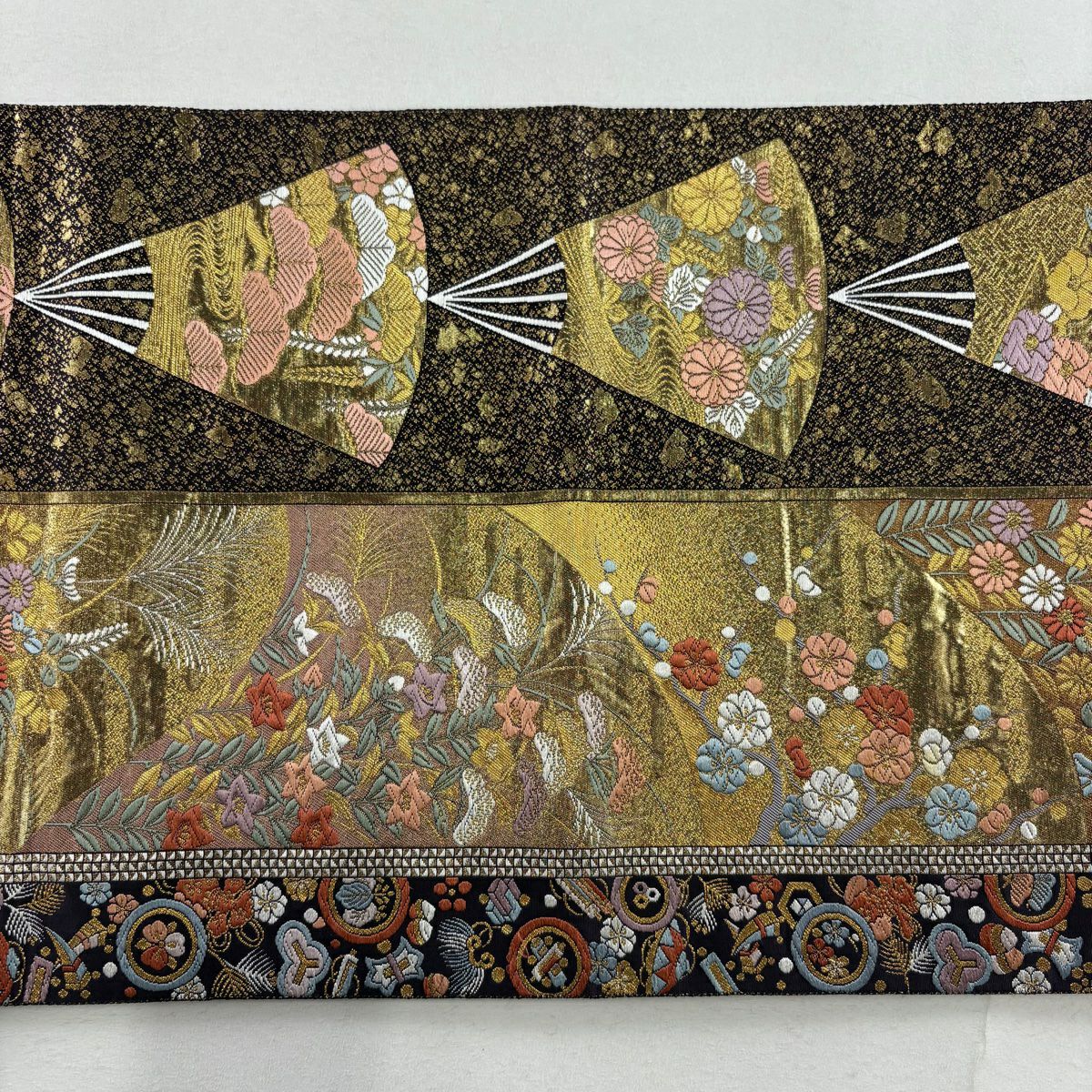 【庫存清倉】 袋帶 美品 秀品級 花扇子 草花紋紋 金金箔 金線 金 六通 純蠶絲