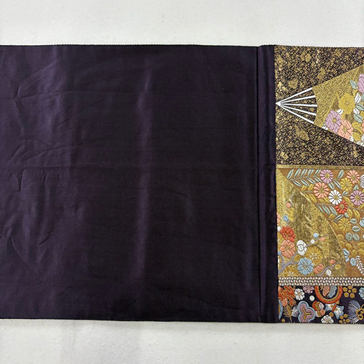 【庫存清倉】 袋帶 美品 秀品級 花扇子 草花紋紋 金金箔 金線 金 六通 純蠶絲