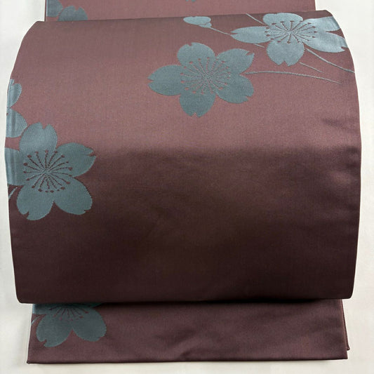 【庫存清倉】 袋帶 逸品級 辻村ジュサブロー 落款 櫻花 茶紫 六通 純蠶絲