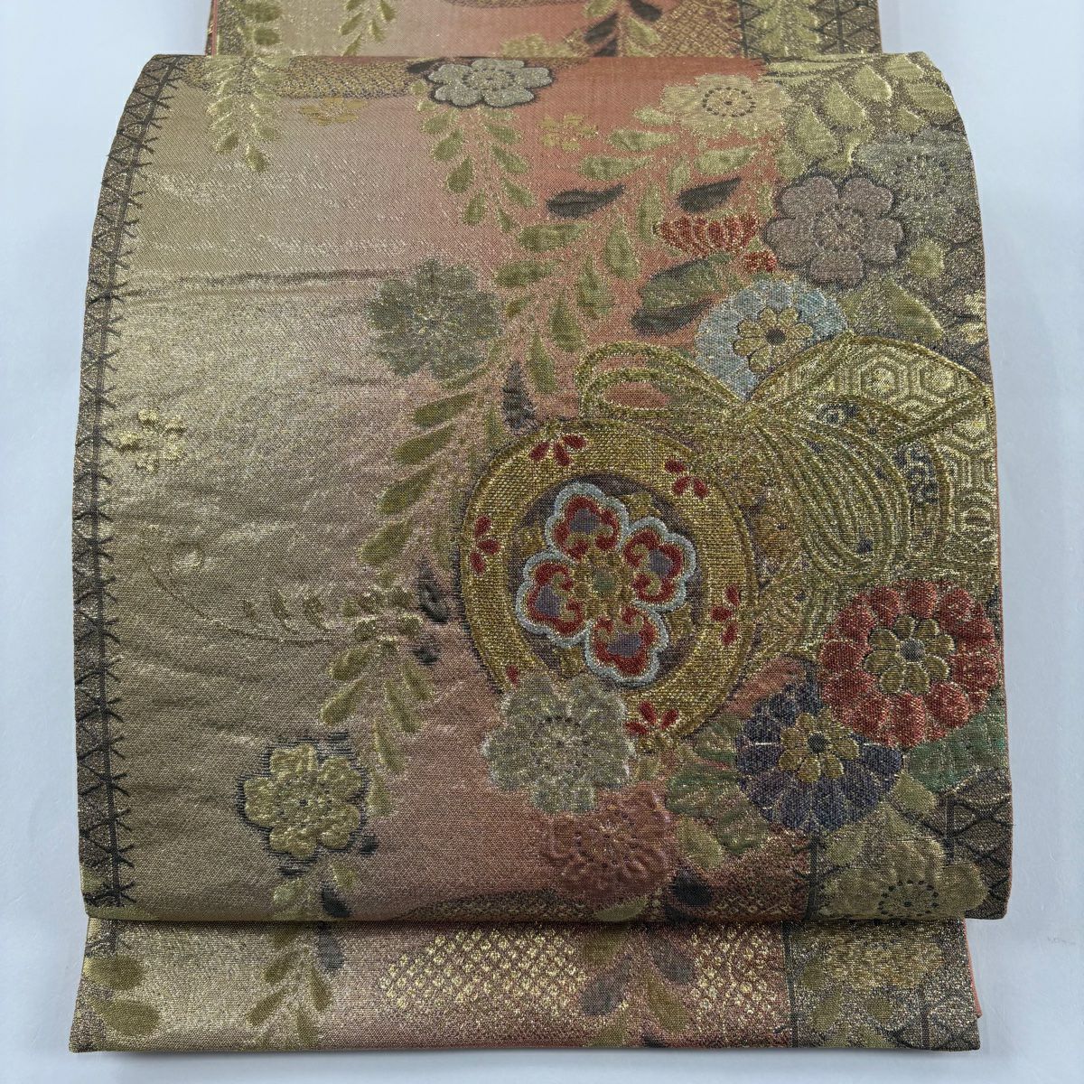 【庫存清倉】 袋帶 美品 秀品級 鼓 扇子 金金箔 漸層 淺橙 六通 純蠶絲