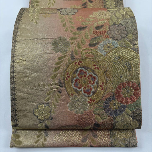 【庫存清倉】 袋帶 美品 秀品級 鼓 扇子 金金箔 漸層 淺橙 六通 純蠶絲