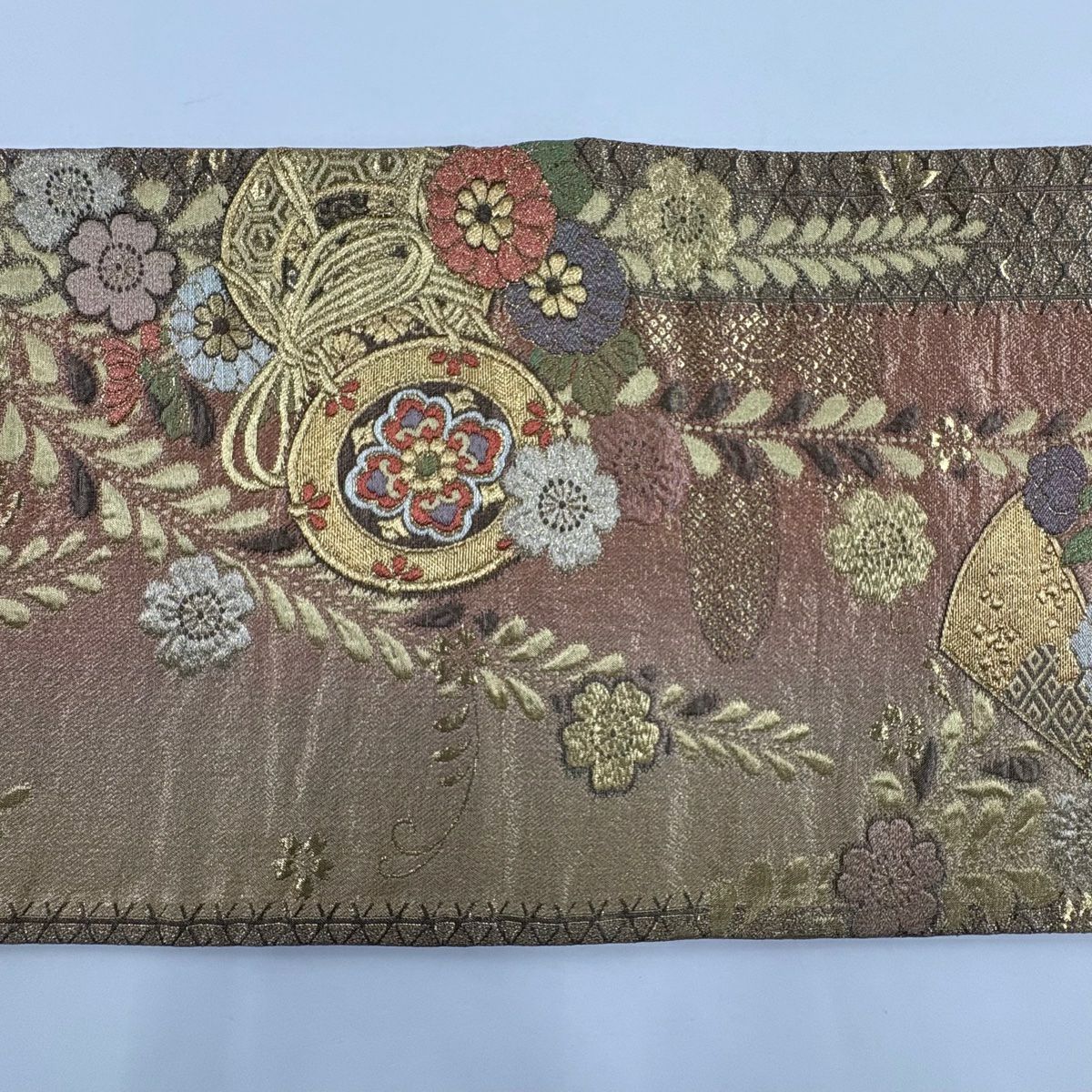 【庫存清倉】 袋帶 美品 秀品級 鼓 扇子 金金箔 漸層 淺橙 六通 純蠶絲