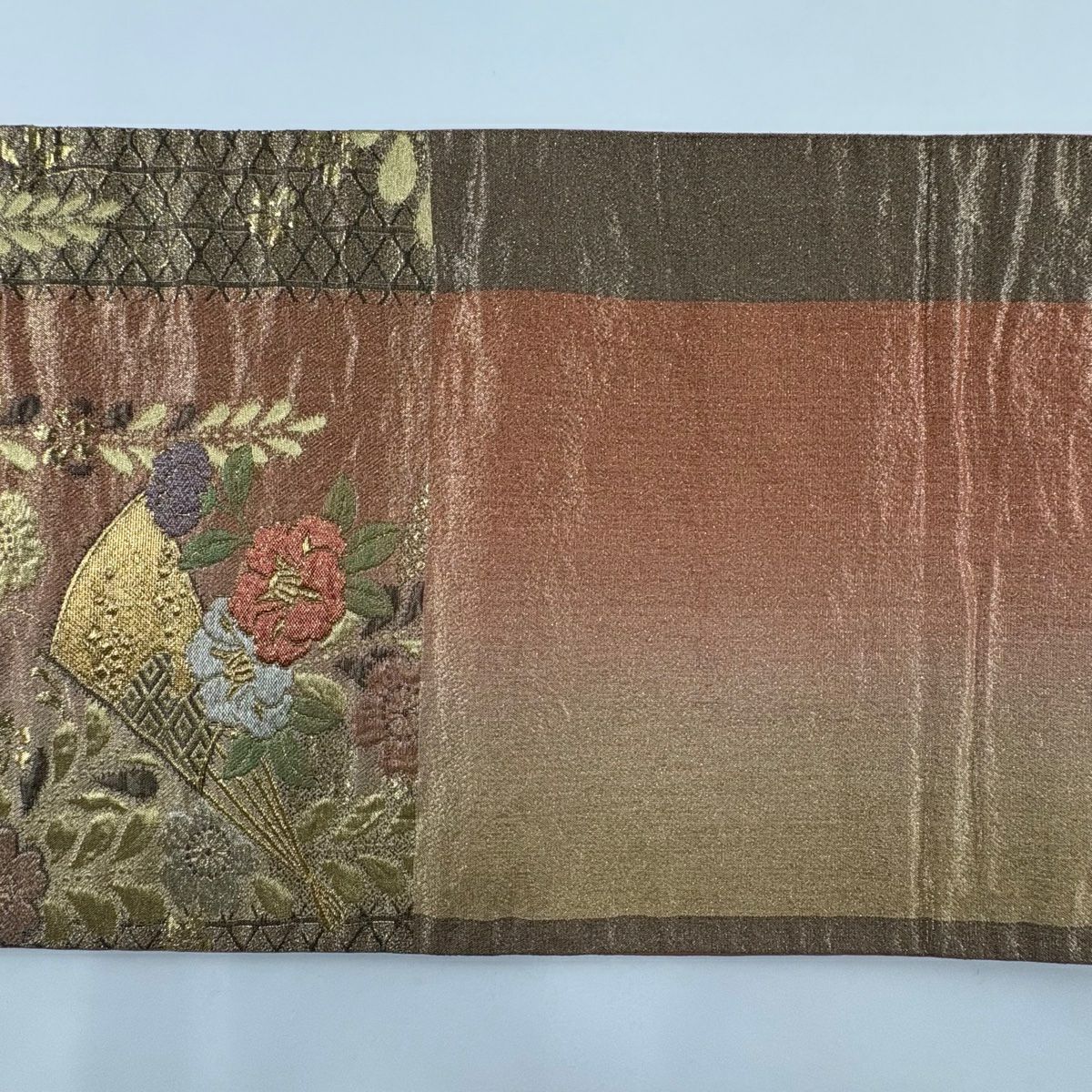 【庫存清倉】 袋帶 美品 秀品級 鼓 扇子 金金箔 漸層 淺橙 六通 純蠶絲