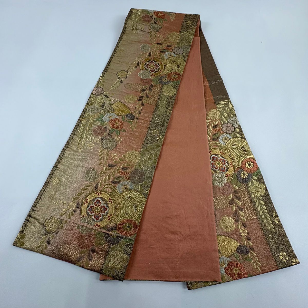 【庫存清倉】 袋帶 美品 秀品級 鼓 扇子 金金箔 漸層 淺橙 六通 純蠶絲