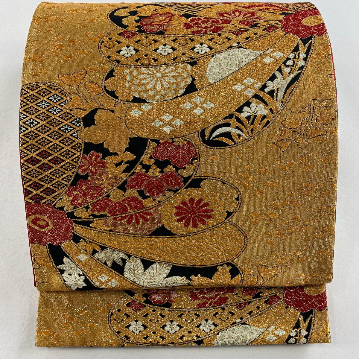 【庫存清倉】 袋帶 美品 秀品級 草花紋紋 菊花花 金絲 金金箔 金色 六通 純蠶絲