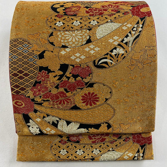 【庫存清倉】 袋帶 美品 秀品級 草花紋紋 菊花花 金絲 金金箔 金色 六通 純蠶絲