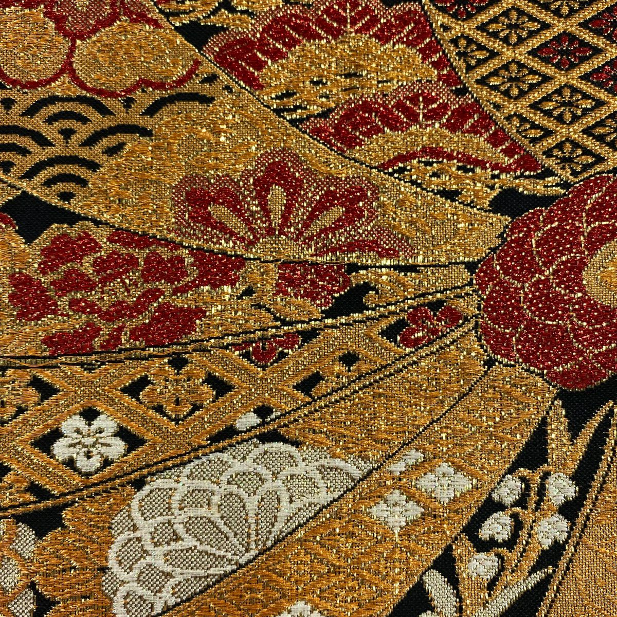 【庫存清倉】 袋帶 美品 秀品級 草花紋紋 菊花花 金絲 金金箔 金色 六通 純蠶絲
