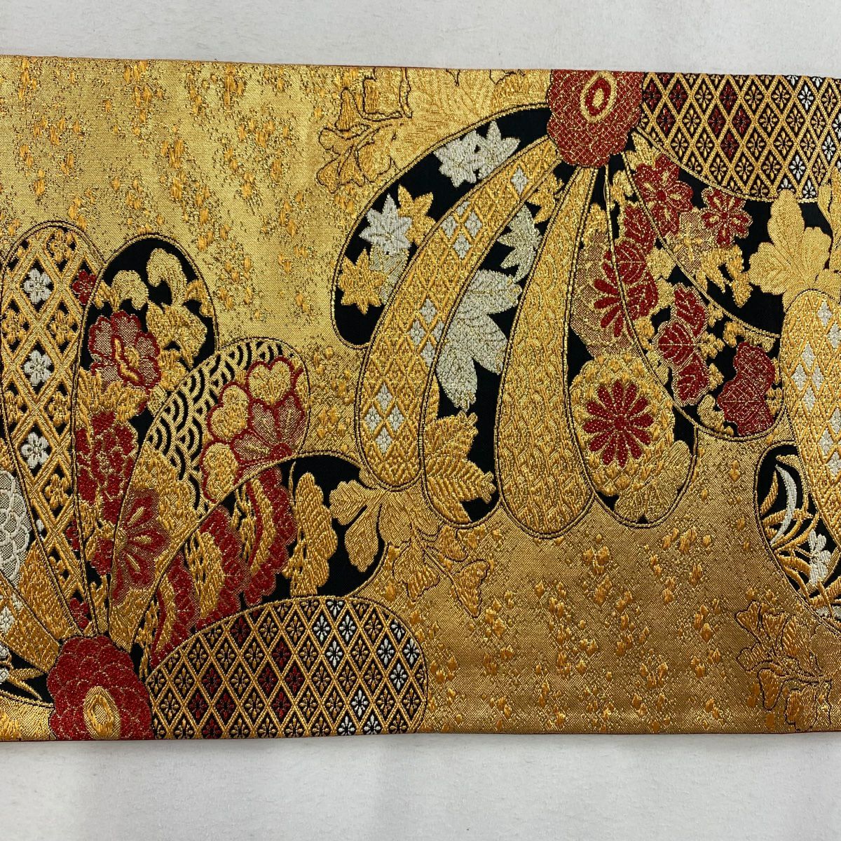 【庫存清倉】 袋帶 美品 秀品級 草花紋紋 菊花花 金絲 金金箔 金色 六通 純蠶絲