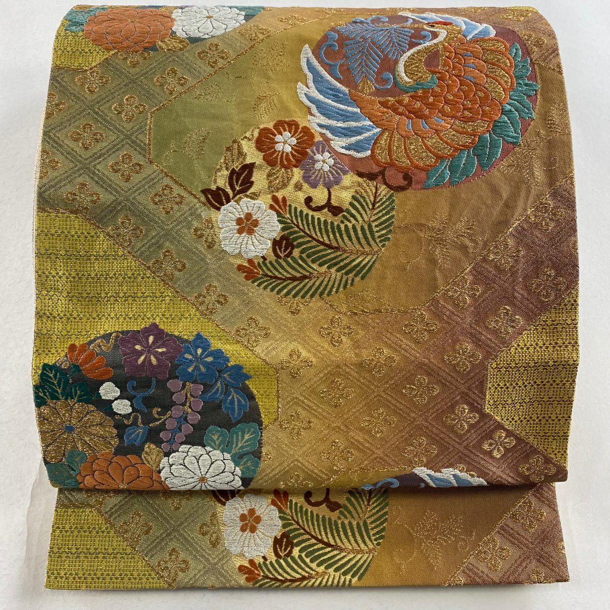【庫存清倉】 袋帶 優品級 花丸紋 仙鶴 金銀彩 金金箔 茶綠 六通 純蠶絲