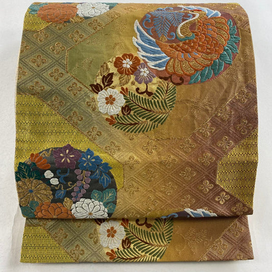 【庫存清倉】 袋帶 優品級 花丸紋 仙鶴 金銀彩 金金箔 茶綠 六通 純蠶絲