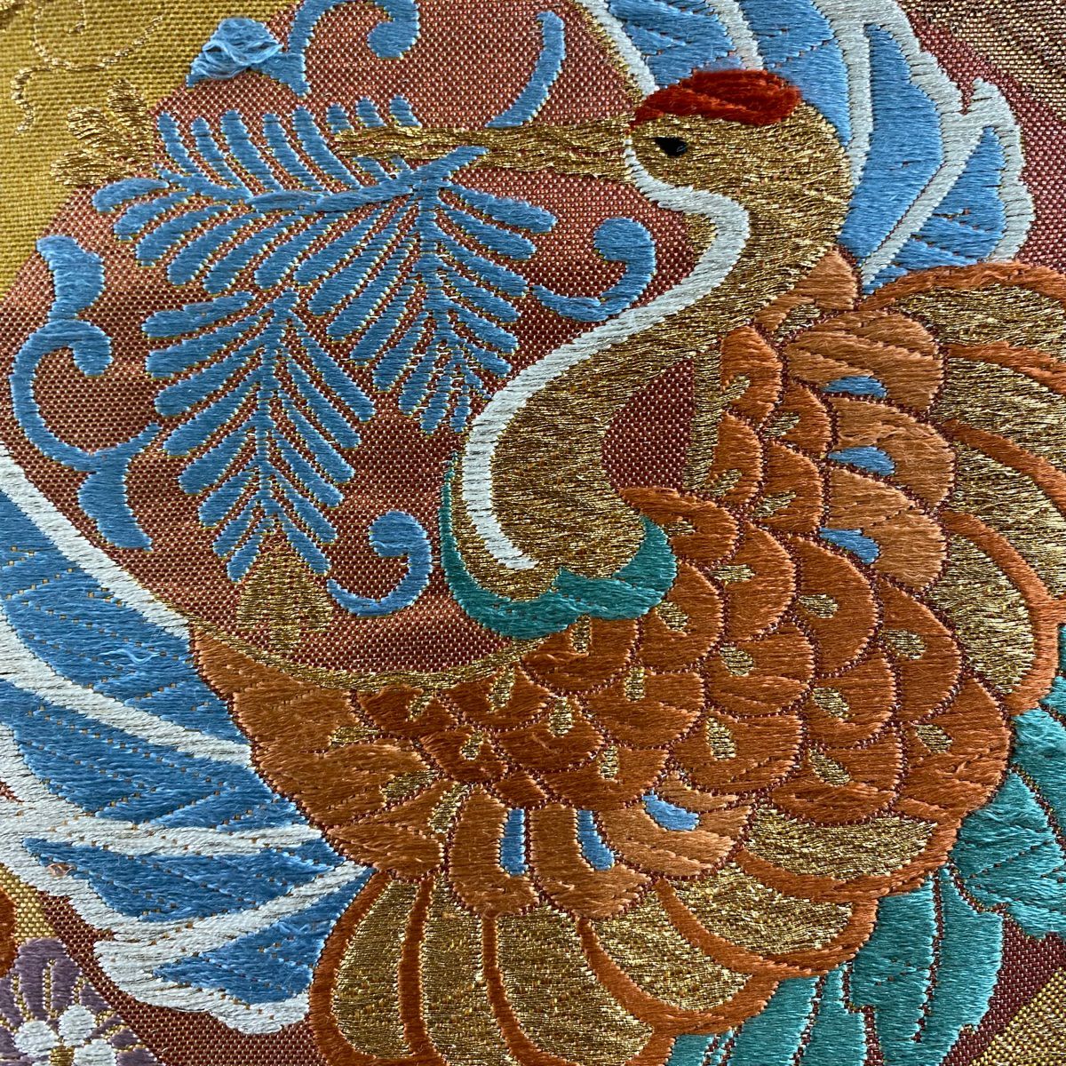 【庫存清倉】 袋帶 優品級 花丸紋 仙鶴 金銀彩 金金箔 茶綠 六通 純蠶絲