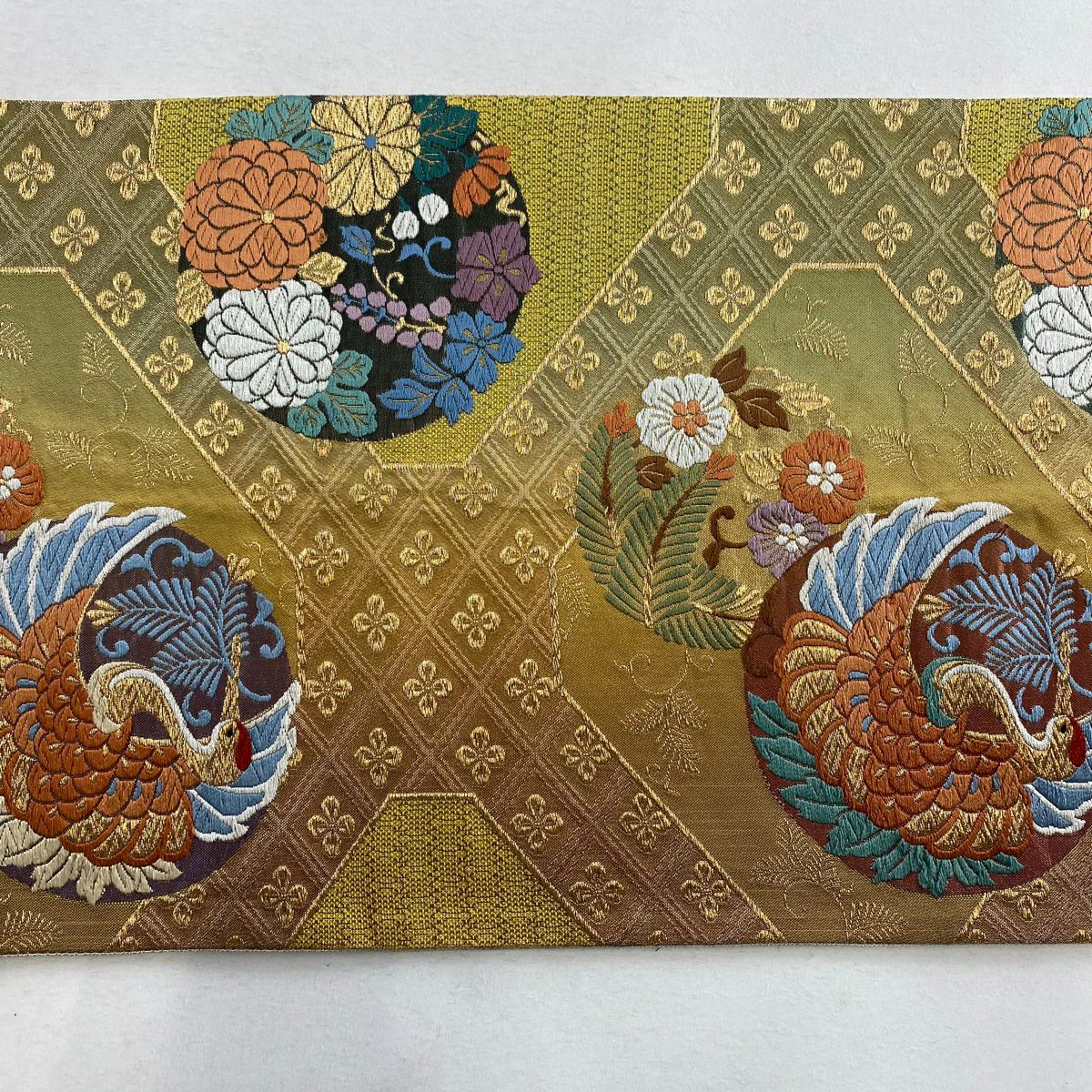 【庫存清倉】 袋帶 優品級 花丸紋 仙鶴 金銀彩 金金箔 茶綠 六通 純蠶絲