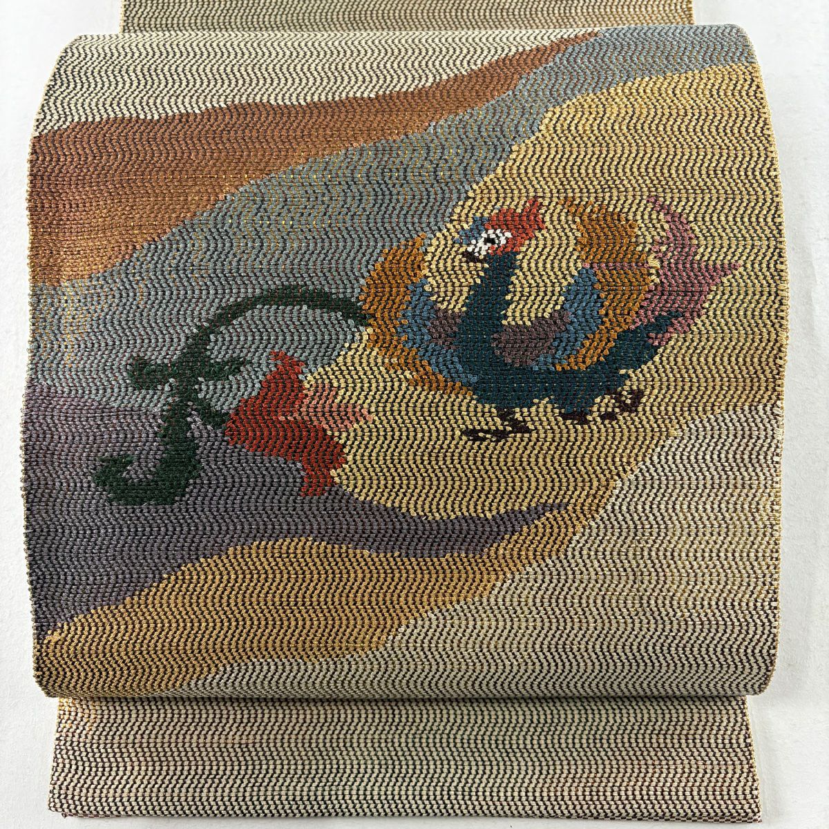【庫存清倉】 袋帶 美品 優品級 鳥花 金金箔 米色 大鼓圖案 純蠶絲