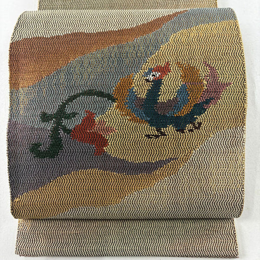 【庫存清倉】 袋帶 美品 優品級 鳥花 金金箔 米色 大鼓圖案 純蠶絲
