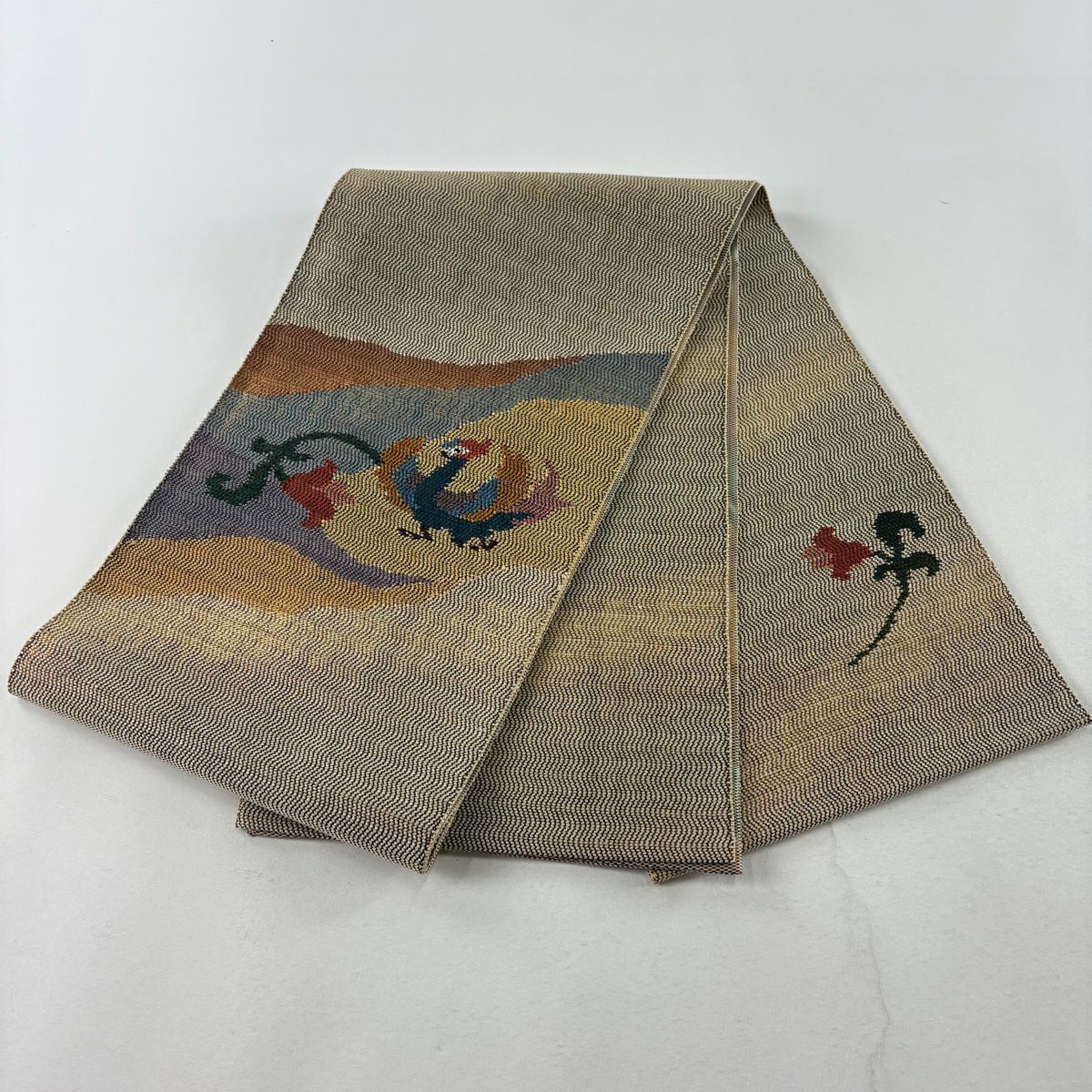 【庫存清倉】 袋帶 美品 優品級 鳥花 金金箔 米色 大鼓圖案 純蠶絲