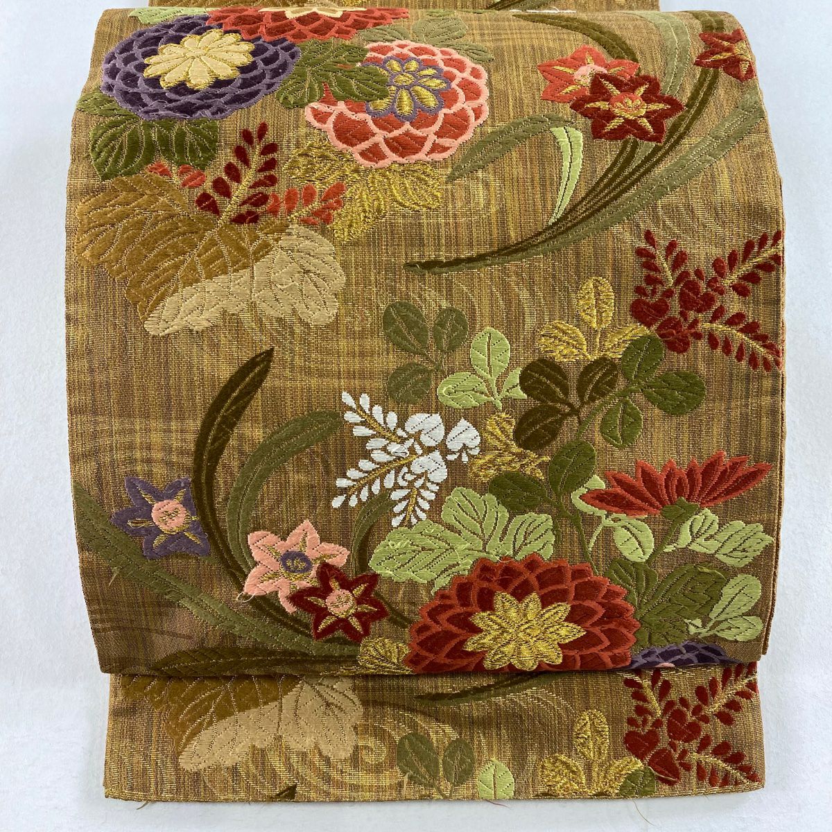 【庫存清倉】 袋帶 秀品級 能衣四季紋 菊花花 刺繡 金線 山吹茶 六通 純蠶絲