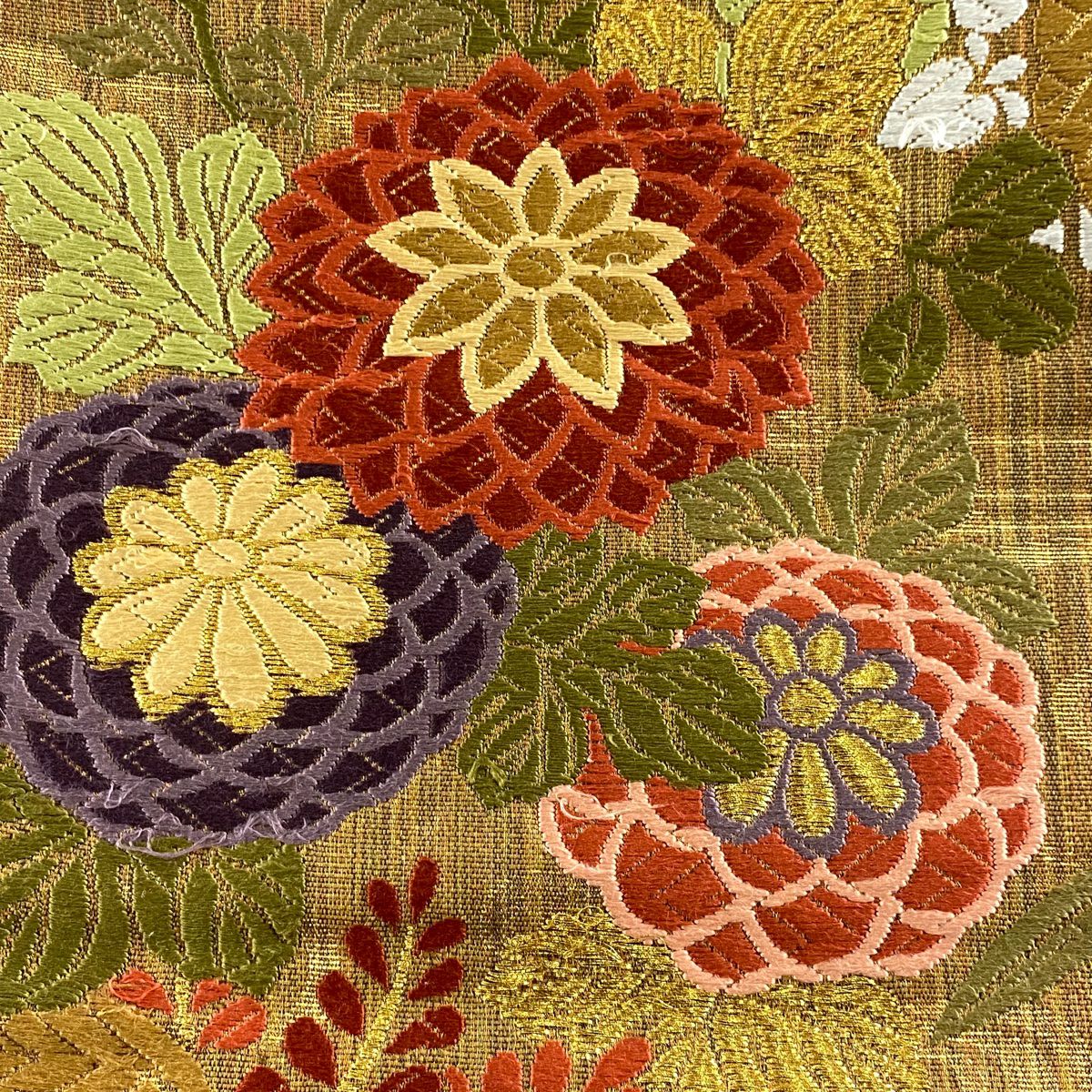 【庫存清倉】 袋帶 秀品級 能衣四季紋 菊花花 刺繡 金線 山吹茶 六通 純蠶絲