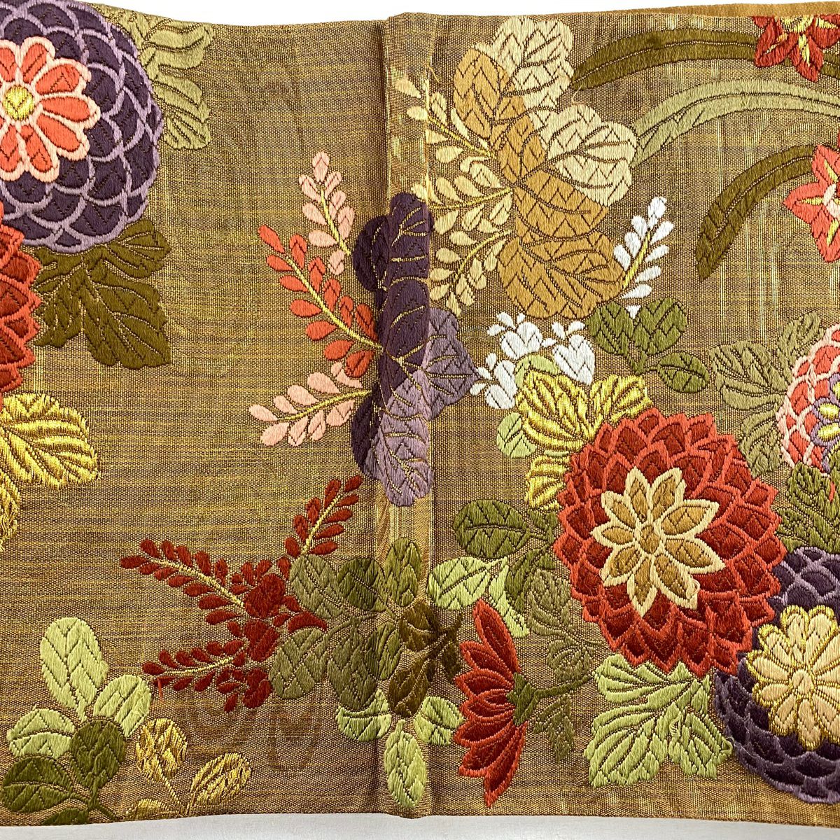 【庫存清倉】 袋帶 秀品級 能衣四季紋 菊花花 刺繡 金線 山吹茶 六通 純蠶絲