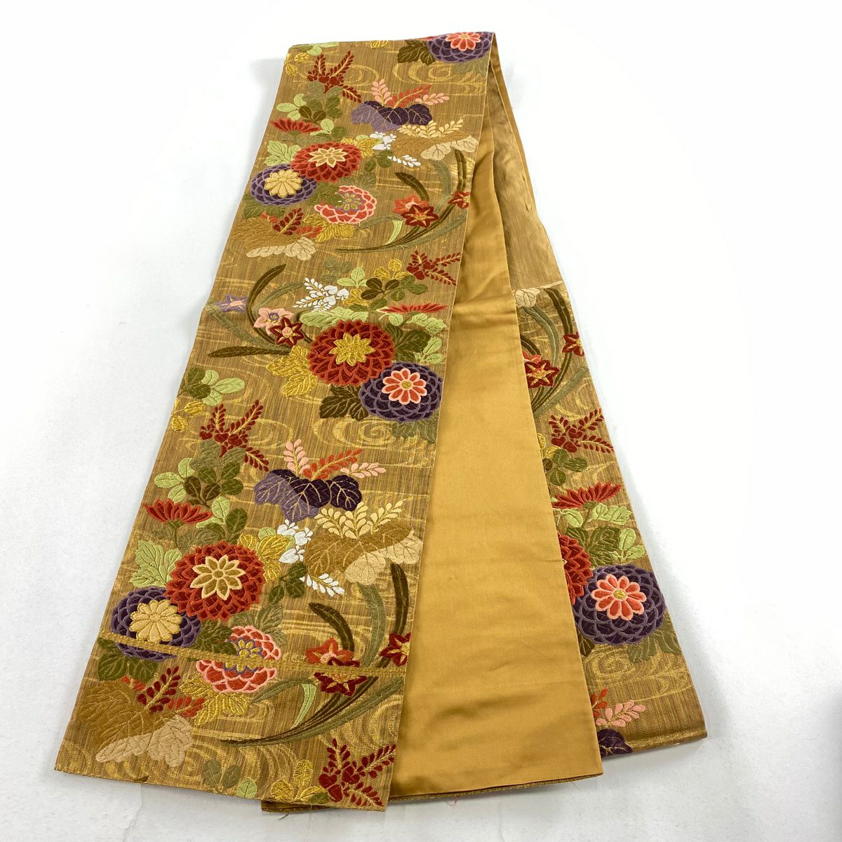 【庫存清倉】 袋帶 秀品級 能衣四季紋 菊花花 刺繡 金線 山吹茶 六通 純蠶絲