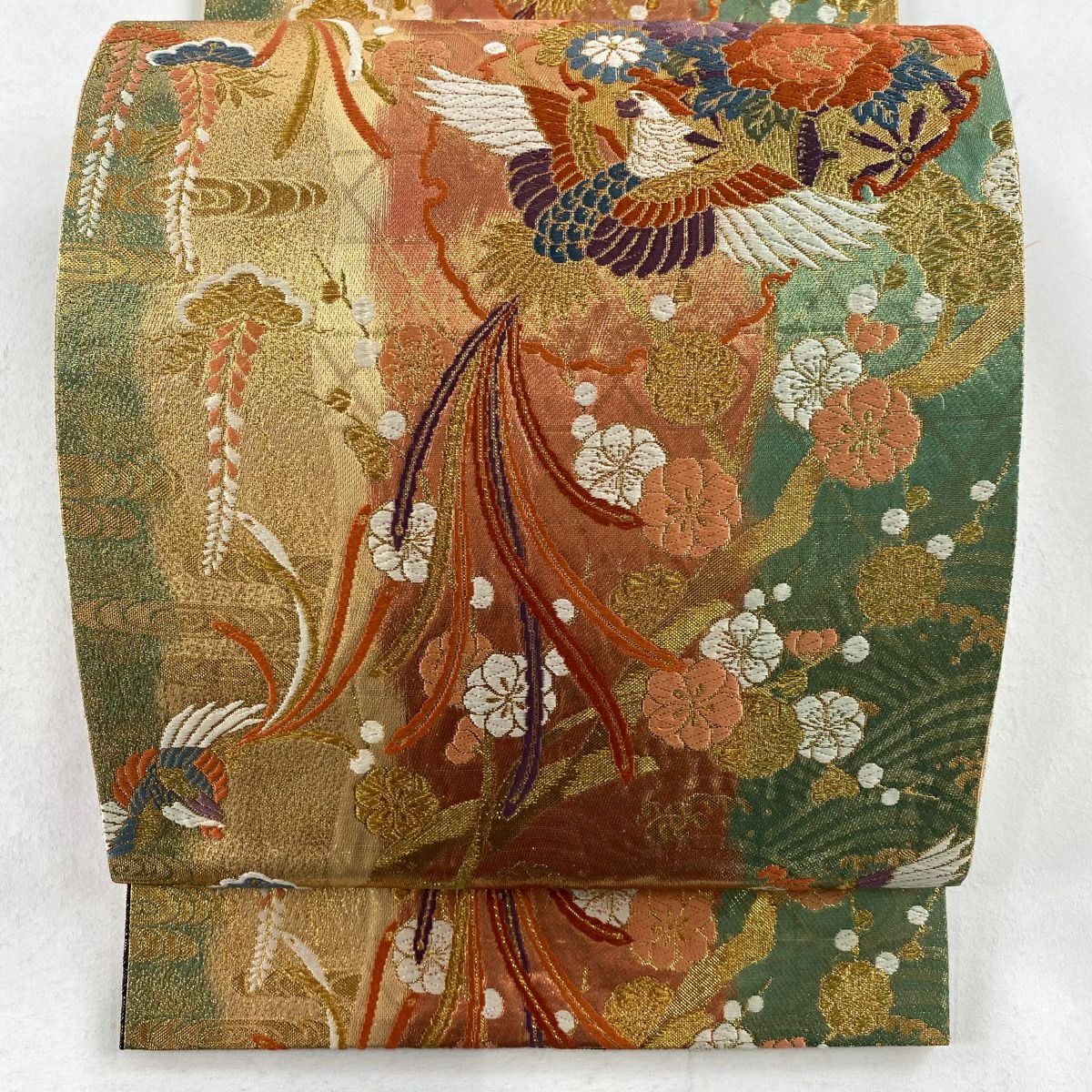 【庫存清倉】 袋帶 優品級 鳳凰 草花紋刺繡 金金箔 朱紅 六通 純蠶絲