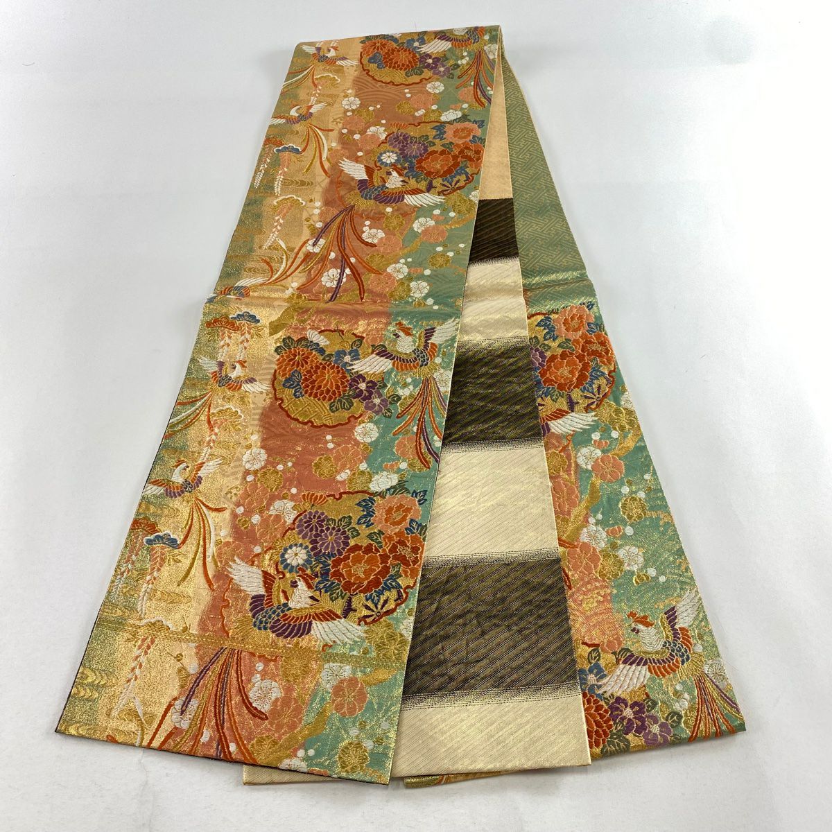 【庫存清倉】 袋帶 優品級 鳳凰 草花紋刺繡 金金箔 朱紅 六通 純蠶絲