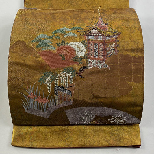 【庫存清倉】 袋帶 美品 名品級 青銅金箔 山車 草花紋 金銀線 金茶 六通 純蠶絲