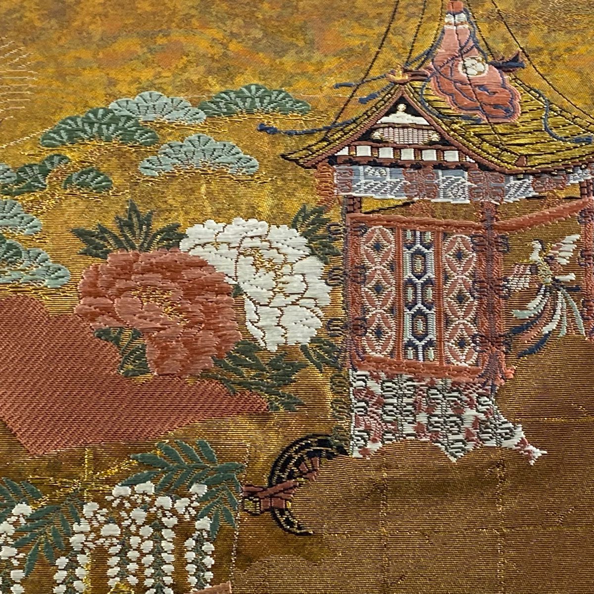 【庫存清倉】 袋帶 美品 名品級 青銅金箔 山車 草花紋 金銀線 金茶 六通 純蠶絲