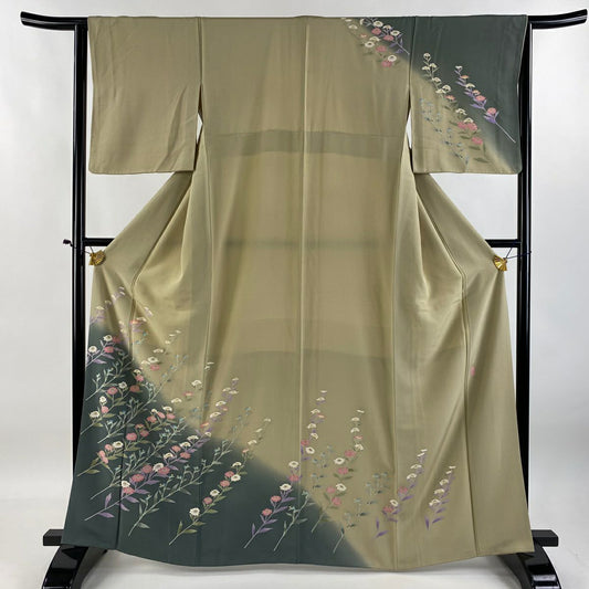 【清倉特賣】訪問服 身長164cm 袖長64cm M 雙層 落款 草花紋紋 漸層 灰綠 純蠶絲 優品級