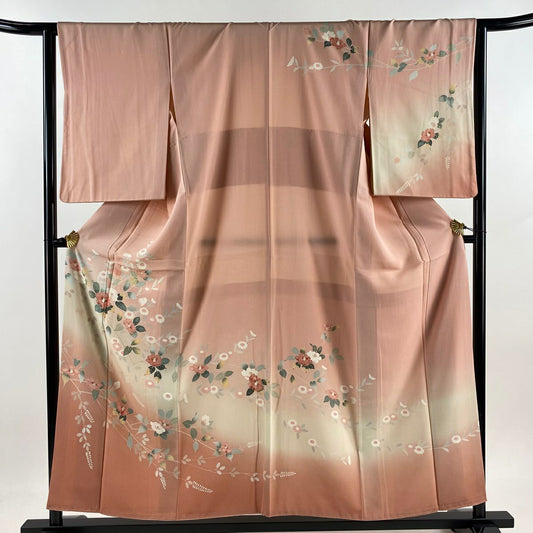 【庫存清倉】訪問服 身長156.5cm 袖長63cm S 雙層 椿 草花紋紋 漸層 粉紅 純蠶絲 優品級