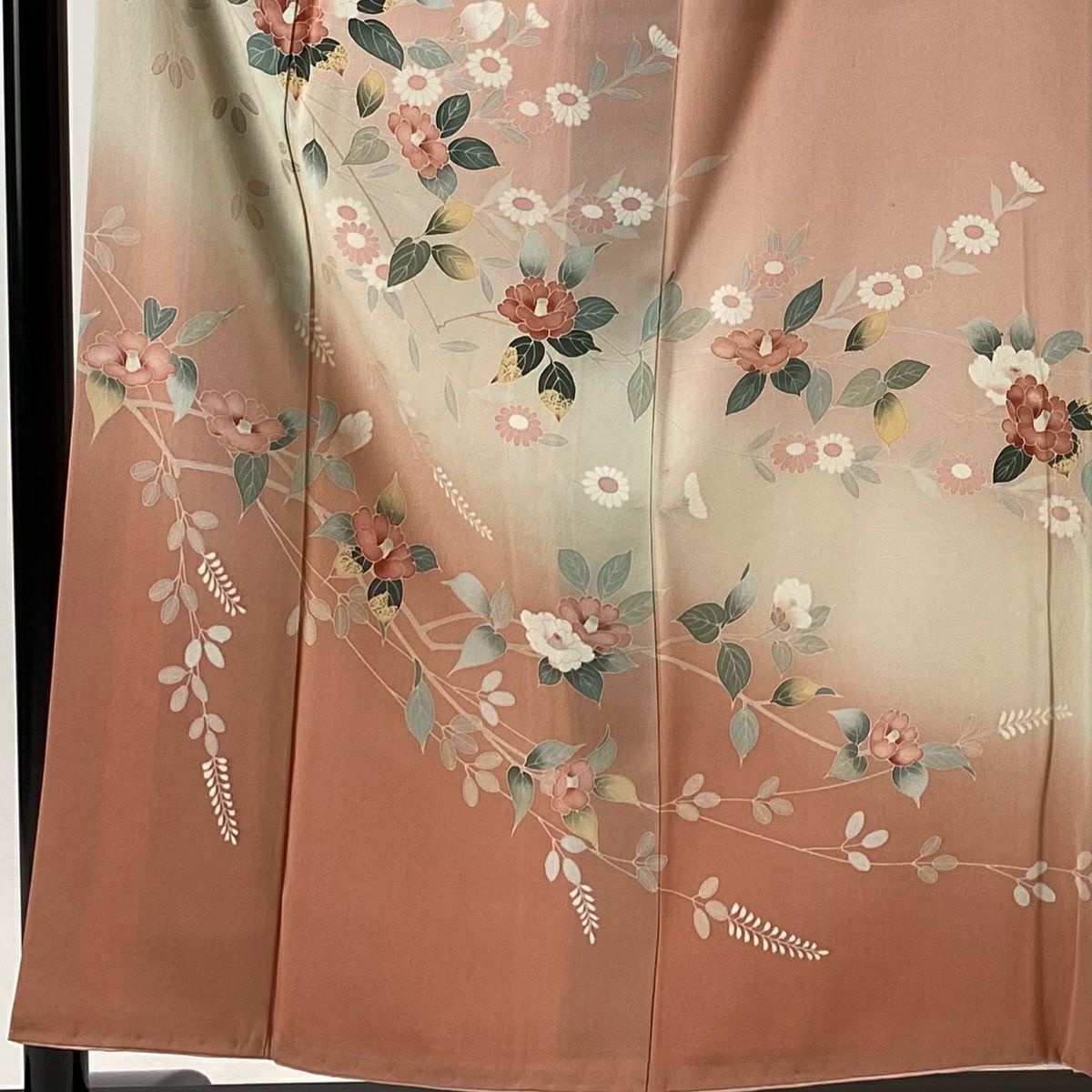 【庫存清倉】訪問服 身長156.5cm 袖長63cm S 雙層 椿 草花紋紋 漸層 粉紅 純蠶絲 優品級