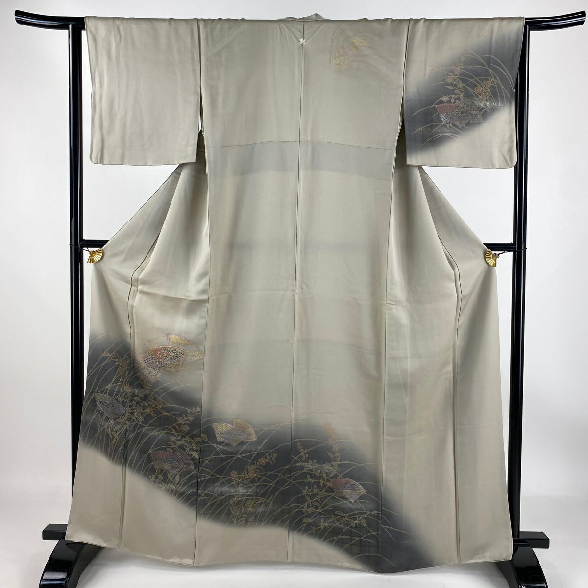 【庫存清倉】訪問服 身長162.5cm 袖長64cm M 雙層 扇子面 秋草刺繡 金彩裝飾 灰茶 純蠶絲 優品級 一つ紋