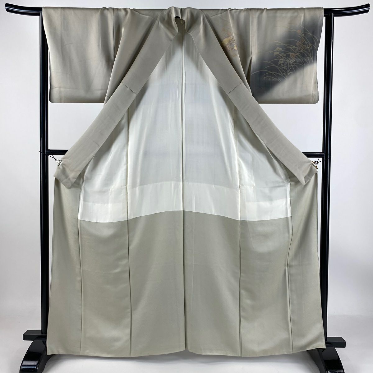 【庫存清倉】訪問服 身長162.5cm 袖長64cm M 雙層 扇子面 秋草刺繡 金彩裝飾 灰茶 純蠶絲 優品級 一つ紋