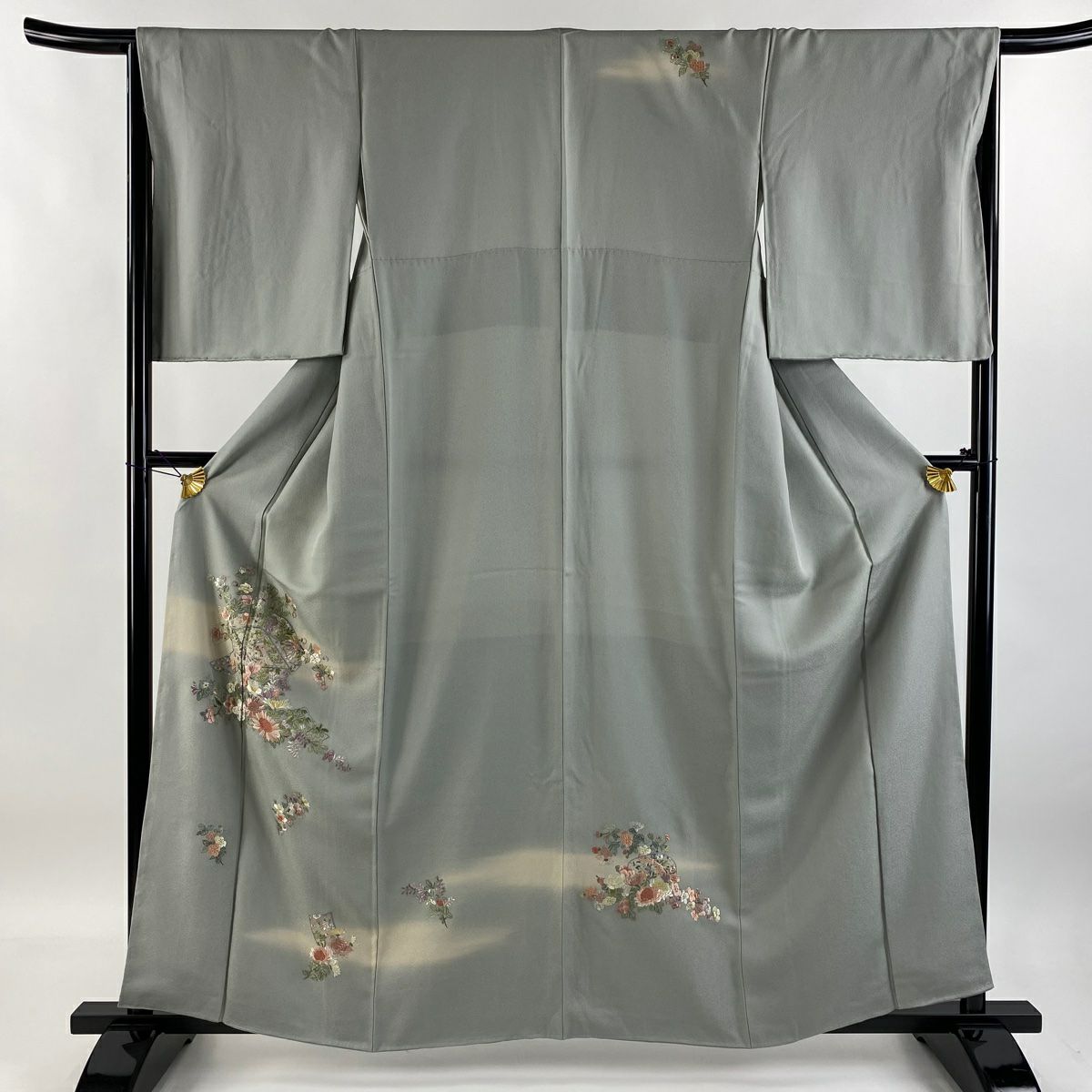 【清倉特賣】 付下 身長159.5cm 袖長65cm M 雙層 草花紋紋 金糸刺繡 灰色 純蠶絲 優品級