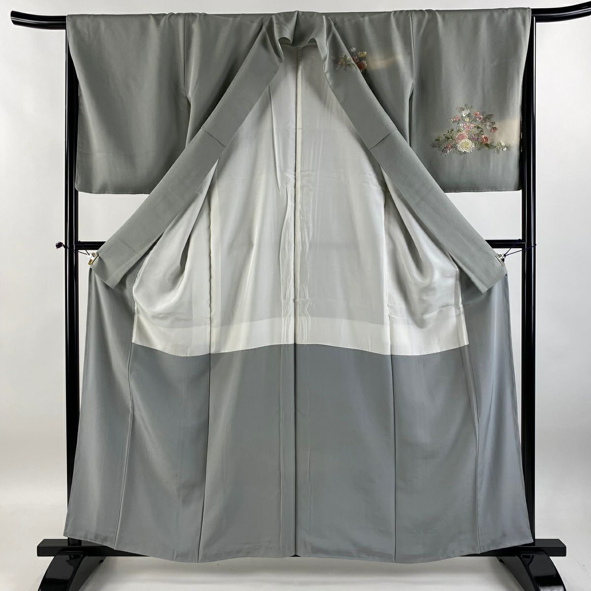 【清倉特賣】 付下 身長159.5cm 袖長65cm M 雙層 草花紋紋 金糸刺繡 灰色 純蠶絲 優品級